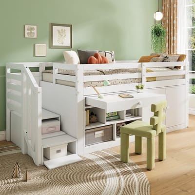 DESMIU Kinderbed 90x200cm - Multifunctioneel Bed Met Opbergruimte En Ladder - Omkeerbare Lades En Kast - Voor Kinderkamer - Massief Hout En MDF - Wit Zonder Matras