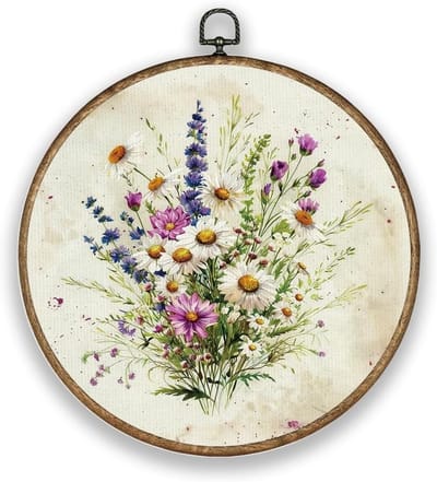 SnelShoppen - Ronde Wanddecoratie 26cm met Daisy Bloemenmotief - Kleurrijk Polyester voor Tuin, Balkon, Kantoor, Café en Feestdagen