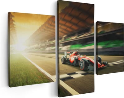 Artaza Canvas Schilderij Drieluik Formule 1 Auto bij de Finish in het Rood - 90x60 - Foto Op Canvas - Canvas Print