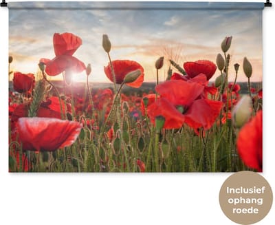 Wandkleed Klaproos - Zonsondergang achter de mooie Klaprozen Wandkleed katoen 120x80 cm - Wandtapijt met foto