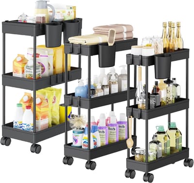 Set van 3 Extra Smalle Keukentrolleys met Wielen - Mobiele Opbergkarren met 3 Niveaus