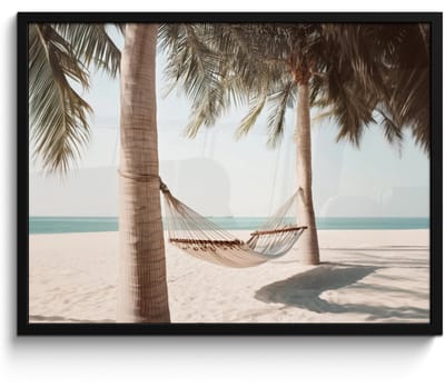 Poster in lijst - Fotolijst 80x60 cm - Posters - Hangmat - Palmbomen - Strand - Zee - Posterlijst zwart - Decoratie - Wanddecoratie woonkamer - Muurdecoratie slaapkamer