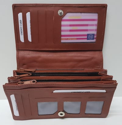 Dames overslag Harmonica - Huishoudportemonnee XXL Cognac