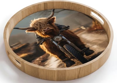 Dienblad rond 40x40 cm - Schootdienblad hout - Schotse hooglander - Sjaal - Bergen - Borrelplank rechthoek - Plateau houten dienbladen