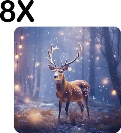 Luxe Placemat - Hert in het Bos met Kerst Lichtjes - Set van 8 Placemats - 50x50 cm - 2 mm dik Vinyl - Anti Slip - Afneembaar
