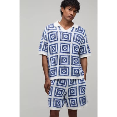 Oversized Boxy Gebreide Polo En Short Set Met Gehaakte Patches | Blue | Size XS