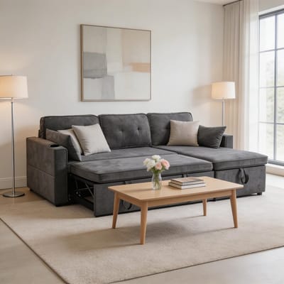 Komhtom - Slaapbank met slaapfunctie - L-vormige bank in modern design - loungestoel met opbergruimte en bekerhouders - links en rechts omkeerbaar - geschikt voor de woonkamer