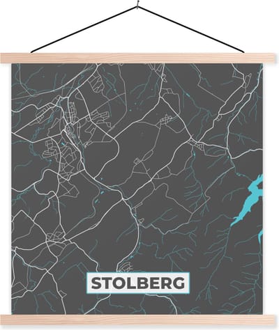 Posterhanger incl. Poster 120x120 cm - Schoolplaat - Blauw – Duitsland – Plattegrond – Stadskaart – Kaart – Stolberg - Textielposter - Blanke latten - Stadskaart