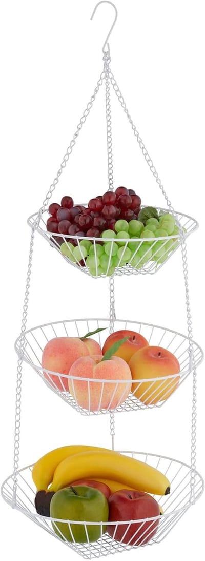 Famanu – Hangende fruitmand 3 lagen HxØ 73 x 28 cm – draad fruitschaal etagère (wit)