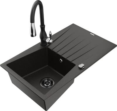 Mexen Cesar granieten spoelbak 1-kompartment met afdruiprek en keukenkraan Savita, zwart/goud metallic - 6514-75-672601-70-B