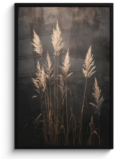 Poster in lijst - Fotolijst 60x90 cm - Posters - Siergras - Pluimen - Verlichting - Zwart - Posterlijst zwart - Decoratie - Wanddecoratie woonkamer - Muurdecoratie slaapkamer