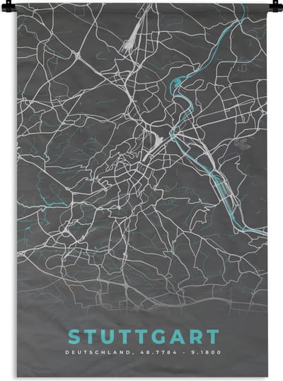 Wandkleed - Wanddoek - Plattegrond – Stuttgart – Blauw – Stadskaart – Kaart - Duitsland - 120x180 cm - Wandtapijt