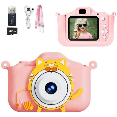 Kinder Mini Camera Cartoon Kat Speelgoed voor Meisjes Jongens Verjaardagscadeaus 1080P HD 2-inch Scherm Met Siliconen Hoesje Leven Opnemen Camera beige