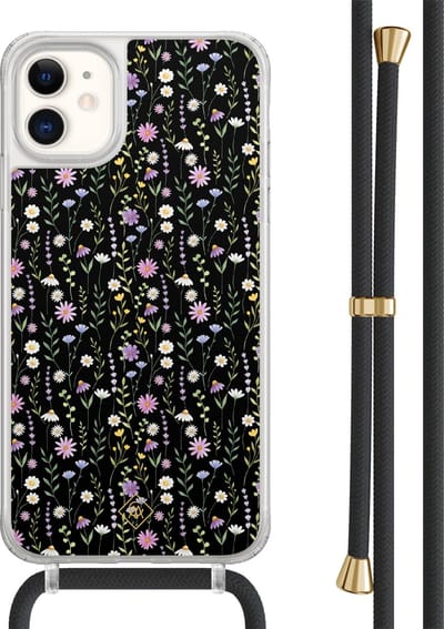 Casimoda® hoesje met zwart koord - Geschikt voor iPhone 11 - Flower Fantasy - Afneembaar koord - TPU/acryl - Zwart