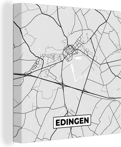 Canvas Schilderij Zwart Wit – België – Plattegrond – Stadskaart – Kaart – Edingen - 20x20 cm - Wanddecoratie