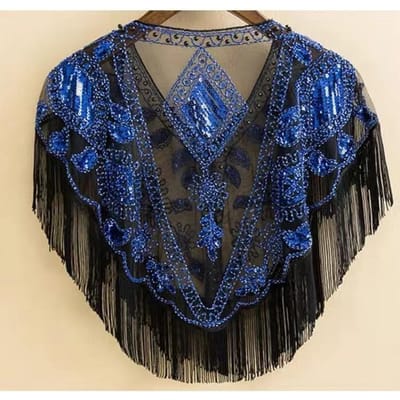 Vrouwen Jaren 1920 Lovertjes Sjaal Met Kwastjes Kralen Parel Fringe Sheer Mesh Wraps Gatsby Flapper Bolero Cape Cover Up blauw