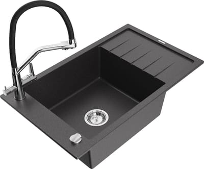 Mexen Elias granieten spoelbak 1-kamer met afdruiprek en keukenmengkraan Duo, zwart gespikkeld - 6511-76-671701-07