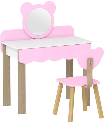 Kaptafelset 68 x 35 x 86 cm met kruk voor kinderen make-upspiegel berenvorm lade MDF roze Tafel- en stoelenset Kindermeubelen kaptafel Afgeronde hoeken en een glad oppervlak helpen stoten en verwondingen te voorkomen
