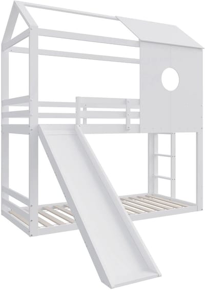 Luxe stapelbed voor kinderen - 90x200 cm - Kinderbedden - Hoogslaper - Met Hoektrap, valbeveiliging en raam - Peuterbed