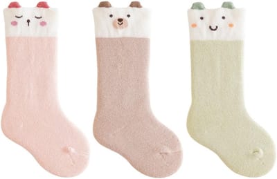 3 Paar Hoge Sokken voor Baby's in Roze met Schattige Dierenpatronen van Katoen voor Peuters 6-12 Maanden