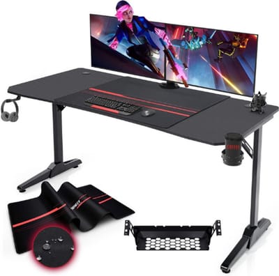 Devoko Gaming Tafel - 140 X 60 X 75 Cm - Ergonomisch Gamingbureau Met Kabelmanagement - Inclusief Bekerhouder En Headsethouder - T Vormig Pc Bureau - Zwart