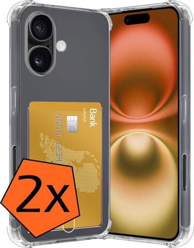 Hoes - 2 Stuks - Geschikt voor Apple iPhone 16 - Met Pashouder en Kaarthouder - Telefoon Hoesje Shockproof - Siliconen Case - Back Cover - Shock Proof - Pasjes Houder - Transparant