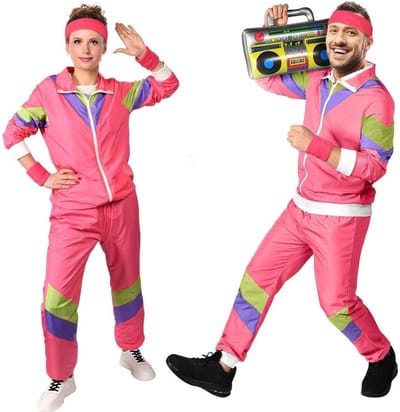 80's Fashion Shell Suit Kostuum voor Disco, Unisex Outfit met Hoofdband en Polsbanden (Rood-M)
