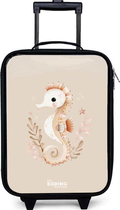 NoBoringSuitcases.com® - Kinderkoffer jongen - Kindertrolley meisje - Roze zeepaardje tussen zeeplanten - Koffer kind lichtgewicht - Reiskoffer trolley voor kinderen - Koffertje met lichtgevende wieltjes - Rolkoffer zwart