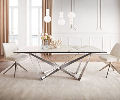 Eetkamertafel Edge keramiek Calacatta Luxe wit-goud-grijs 200x100 spider vlak staal RVS