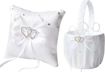 Bruiloft Set - Bloemenmand Ringkussen - Ceremonie Aankleding - Elegant Decoratie - 22x13cm - Wit