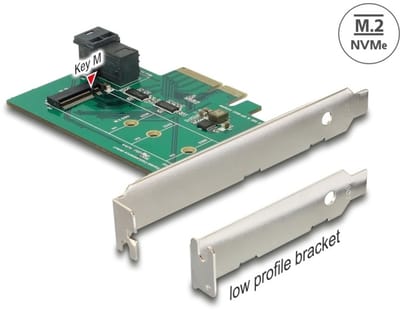 Delock PCI Express x4 Card > 1 x internal NVMe M.2 PCIe / 1 x internal SFF-8643 NVMe – Low Profile Form Factor