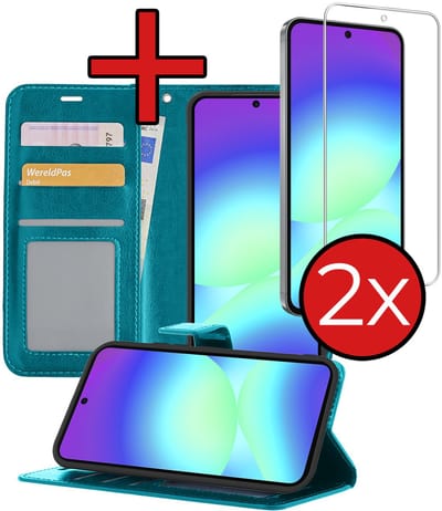 Hoesje - Met 2x Screenprotector - Geschikt voor Samsung Galaxy A56 - Luxe Pasjeshouder - Flip Case - Bookcase Portemonee - Kunstleer Book Case - Flipcase Hoes - Book Cover - Walletcase - Portemonneehoes - Telefoonhoes - Turquoise
