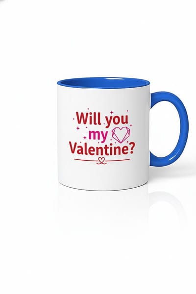 Valentijn Mok 'Will you my Valentine?' - Romantische Keramische Beker met Blauw Accent