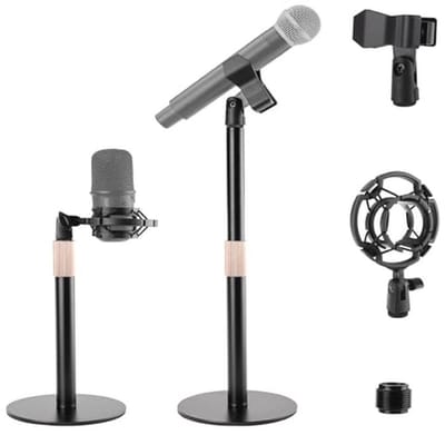Mippko Desktop microphone stand, adjustable height of microphone stand, 180°rotation universal and shock mount 2 microphone clips, one 3/8"-16 female to 5/8"-27 male