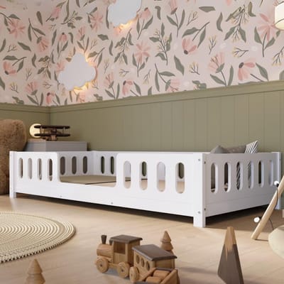 Montessori peuterbed 200x90 cm Wit Vloerbed met Veiligheidsleuning