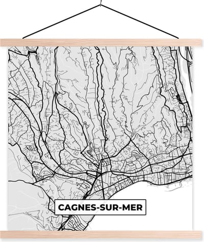 Posterhanger incl. Poster 40x40 cm - Schoolplaat - Frankrijk - Cagnes-sur-Mer - Stadskaart - Plattegrond - Kaart - Textielposter - Blanke latten - Stadskaart