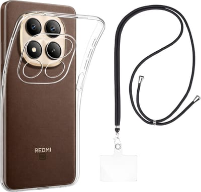 Set met hoesje en nekband voor xiaomi poco m8 5g - Flexibele, transparante TPU-bescherming, verstelbare universele nekband voor mobiele telefoons, zwarte nekband, transparante draagriem van Phonillico®