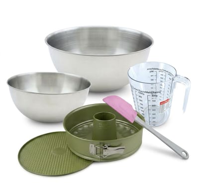 Bakkersset met springvorm en savarinvorm 26 cm carnaubawascoating, 2 mengkommen, maatbeker en spatel Zenker