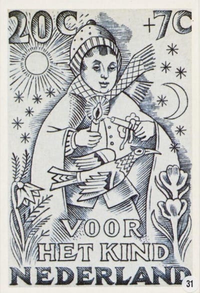 Briefkaart met afbeelding zinnebeeldige voorstelling van een meisje tijdens Nieuwjaar postzegel
