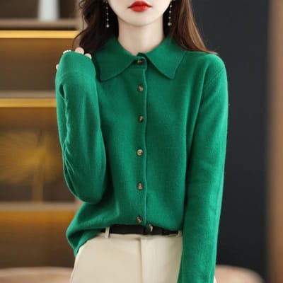 Dames wollen gebreid vest jas losse polokraag trui buitenkant effen kleur knop gebreid overhemd trui Koreaans herfst winter T-shirt S groen
