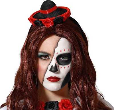 Atosa Verkleed diadeem mini hoedje - zwart/rood - meisjes/dames - Mexicaanse Sombrero thema