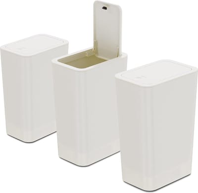 Set van 3 Mini Badkamer Afvalbakken met Pop-Up Deksel, 10 L Cosmetica Afvalbak, Kleine Papierbak, Prullenbak voor Kantoor, Keuken, Badkamer, Gastentoilet, Smalle Ruimte in Cr