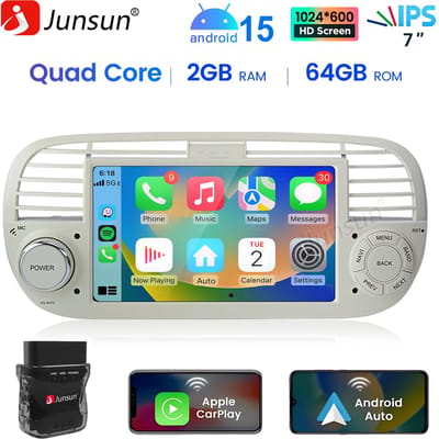 JUNSUN Autoradio - Geschikt voor Fiat 500 2007-2015 Accessoires , - Android 15 - 2+64 GB - Draadloos Carplay & Android Auto - GPS Navi & SWC & Bluetooth & Wifi & DSP & Cam