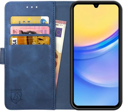 Rosso Element Book Case Wallet Hoesje Geschikt voor Samsung Galaxy A15 | Portemonnee | 3 Pasjes | Magneetsluiting | Stand Functie | Blauw