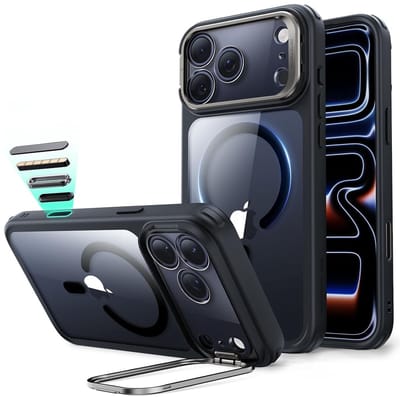 ESR Hoesje Geschikt voor Apple iPhone 17 Pro Max - Classic Hybrid HaloLock - Compatibel met MagSafe & Qi2 - Back Cover met Standaard - Camera Kickstand - Cameraregelaar Control Knop - Clear Zwart