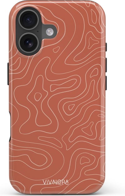 VivaLora Tough Telefoonhoesje iPhone 16 met MagSafe - Wavy Lines Print - 2-in-1 Phone Case - Hard Case & Siliconen Backcover - Extra Bescherming - Shockproof Cover - Rood/Ecru