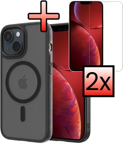 Hoesje - Met 2x Screenprotector - Geschikt voor Apple iPhone 14 - Magsafe Compatible - Sterk & Shockproof - Back Cover - Shock Proof Case - Telefoon Hoes - Zwart