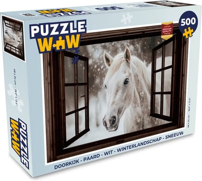 Puzzel Doorkijk - Paard - Wit - Winterlandschap - Sneeuw - Legpuzzel - Puzzel 500 stukjes