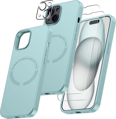 Hoesje Geschikt voor iPhone 15 Plus Magsafe hoes incl 2x gehard glazen screenprotector & 1x cameraLens protector – Mint Groen