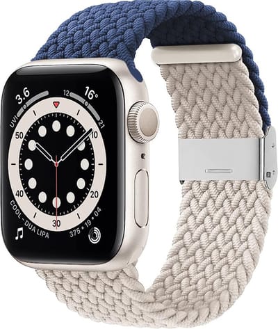 Stravo Gevlochten Nylon Bandje - Geschikt voor Apple Watch 46mm (Series 10/11), 45mm (Series 7/8/9), 44mm (Series 4/5/6, SE 1/2/3), 49mm (Ultra 1/2/3) - Verstelbaar elastisch Apple Watch bandje met gesp - Starlight/blauw